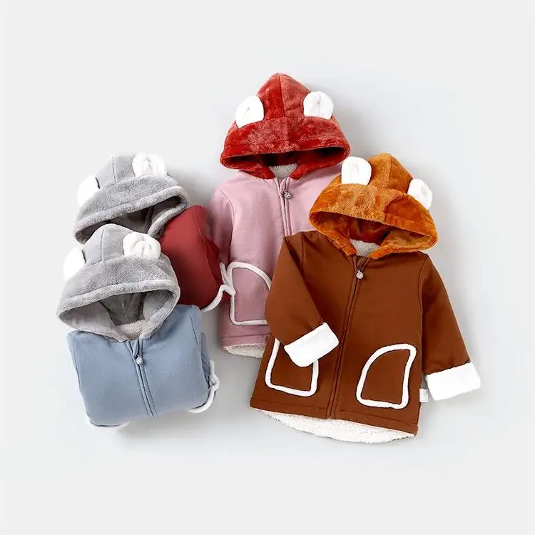 Jaket bertudung kasual anak-anak, pakaian anak-anak musim dingin bayi dengan saku depan tebal 2024