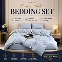 Parure de lit en coton bleu côtier 4 pièces avec housse de couette rayée en satin, drap plat et taies d'oreiller pour chambre d'enfant ou chambre d'invité