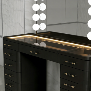 Table de toilette moderne de luxe, <span class=keywords><strong>commode</strong></span> noire brillante avec quincaillerie dorée et rangement éclairé par LED - Product Image 3