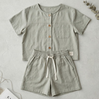 Ensemble d'été en lin et coton pour enfants : T-shirt à manches courtes, short gaufré, haut pour filles, vêtements pour bébés garçons