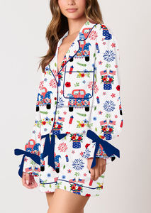 Independence Day Fourth of July <strong>Patriotic</strong> Firework Flag Car Print Long Sleeve Shirt <strong>Shorts</strong> Two Piece Pajama Set Women - Product Image 2
