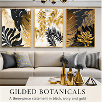 Art mural botanique en fer et aluminium noir et or, design à trois panneaux en forme de feuille, pour la décoration Art Déco de salle à manger, salon, hôtel