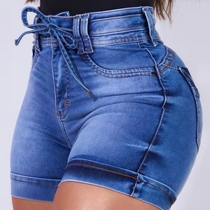 Short en jean à taille élastique et à lacets pour femmes, pantalon trois-quarts d'été à taille haute, décontracté, mini jean droit et serré 4 - Product Image 1