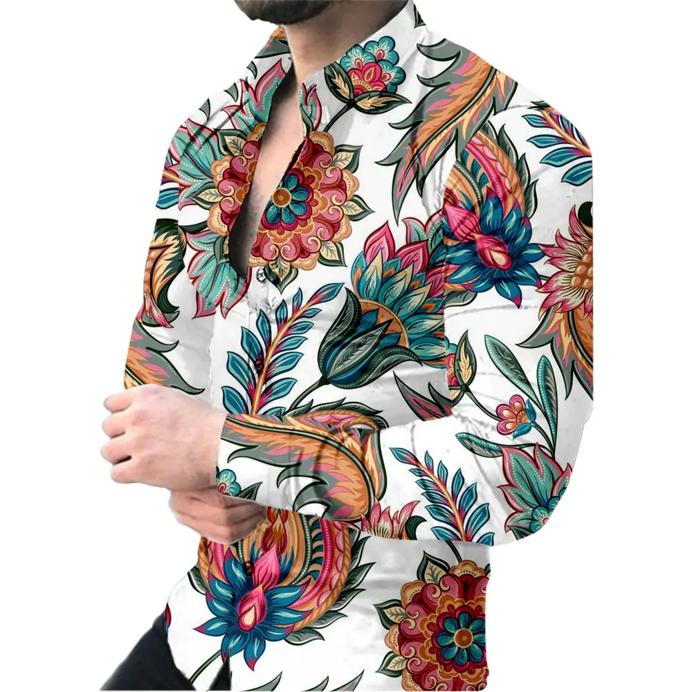 Custom wholesale Lapel single breasted Hawaii long sleeve plus size beach shirt top man flower shirt 3d print t shirt