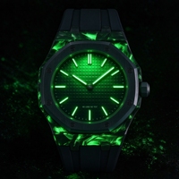 Montre sportive en fibre de carbone forgée de 42 mm, boîtier octogonal, mouvement automatique lumineux vert, bracelet en caoutchouc