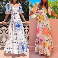 Robe longue imprimée à épaules dénudées et manches bouffantes, personnalisable, vente en gros d'usine, idéale pour les vacances, les rendez-vous et les fêtes