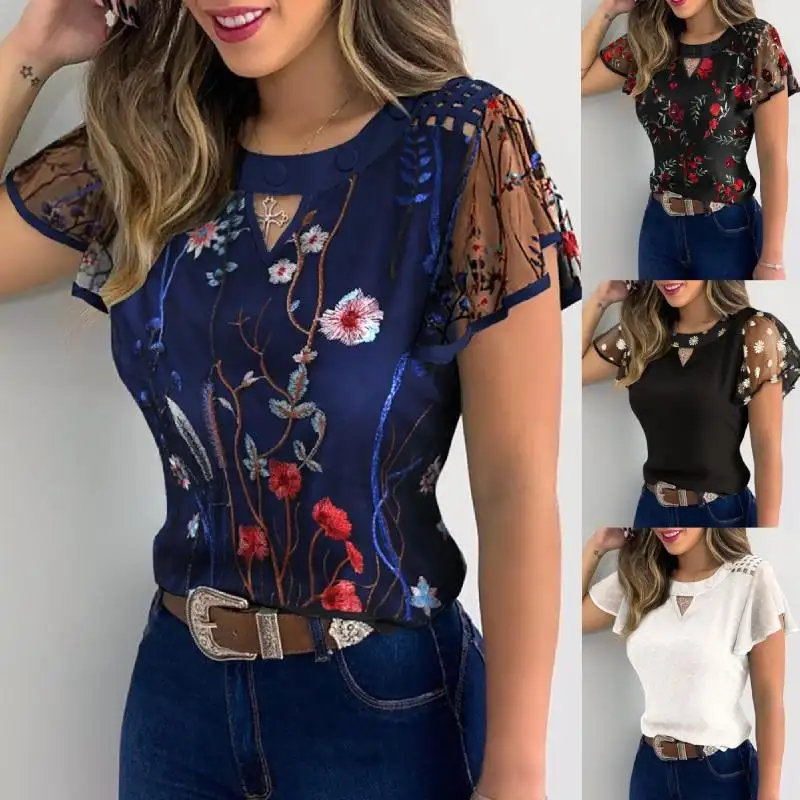 Venta al por mayor nuevas mujeres niñas flores bordado cuello redondo manga corta con volantes de malla ahueca hacia fuera las camisas de color sólido Slim Casual camiseta