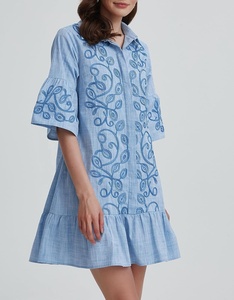 Vestido Camisero <span class=keywords><strong>de</strong></span> Mezclilla Vintage para Mujer, Lavable, con Botones, Mangas con Volantes Bordados, Corte en A, Mini Vestido <span class=keywords><strong>de</strong></span> Verano con Bolsillos, Estilo Casual - Product Image 4