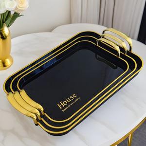 Lot de 3 plateaux à fruits rectangulaires en plastique pour hôtels Assiette à thé et café noire Plateau à bonbons en plastique Stockage des aliments Assiette de service avec poignée - Product Image 4