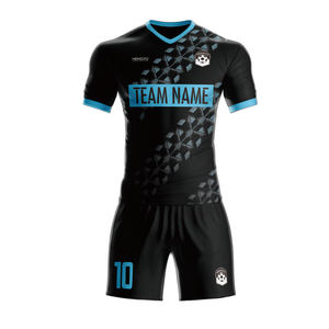 ชุดเสื้อฟุตบอลพิมพ์ลายแบบซับลิเมชั่นสำหรับเด็ก ผู้ชาย ผู้หญิง ฤดูหนาว สีดำ-ฟ้าอ่อน รับผลิตตามแบบ OEM - Product Image 1