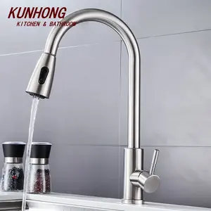 Factory Directly Silver Deck Mounted Stainless Steel 304 Dual Mode Water Outlet Kitchen Faucet Pull Down Mixer Sink Faucet Tap