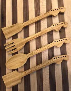 Guitar Shaped Spoon Spatulas And Salad Fork Bamboo Wood Guitar Neck Shaped Kitchen Cooking Utensil Set