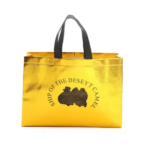 Eco Custom Logo Printed Reusable Extra-Wide Non Woven Fabric Gold Carry Tote Bag Grocery Non Woven Shopping Bags