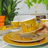 Ensemble tasse et soucoupe à café de luxe en porcelaine fine H Brand avec motif cheval incrusté d'or, emballage cadeau portable, pour usage domestique