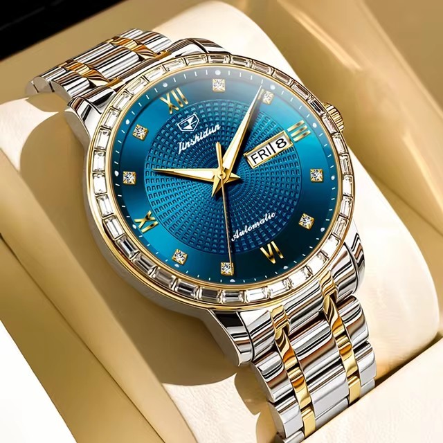 Jsdun 8959 Stainless Steel Waterproof Luminous Watch for Men Diamond Dial Date Luxury Business Mechanical Hand Clock Watches