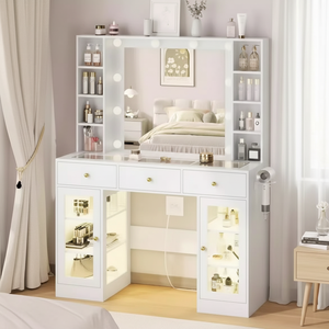 Scrivania con Specchio Illuminato a LED, Tavolo da Trucco con 4 cassetti e ripiano di stoccaggio, 3 opzioni di Luce a Colori luminosità Regolabile