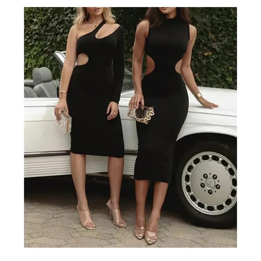 Sexy Club Wear Dresses Women Lady Elegant Bodycon Solid Color Cut Out Casual Dresses For Women
