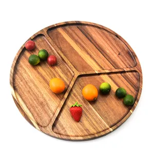 13英寸木质服务盘3节圆坚果糖果水果零食盘带分隔器的食品上菜盘