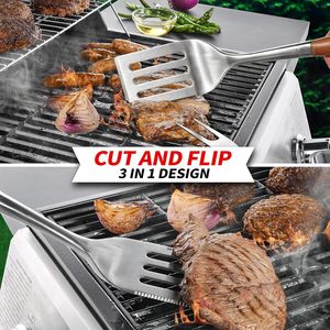 Ensemble d'outils de barbecue robustes en bois de rose, spatule, fourchette et pinces multifonctions en acier inoxydable épais pour barbecue et grillades - Product Image 5