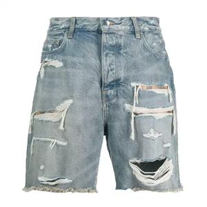 กางเกงยีนส์ขาสั้นวินเทจแบบทำสีซีดขาดๆ ผ้าฝ้ายปะติดปะต่อ สไตล์เบอร์มิวดา ฮิปฮอป สำหรับผู้ชาย - Product Image 1
