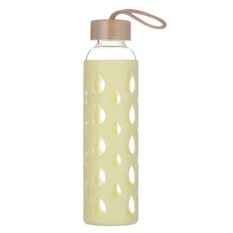 Hot sale 600 ml eco friendly glass water bottle with bamboo lid silicone sleeve heat insulation sports water bottle