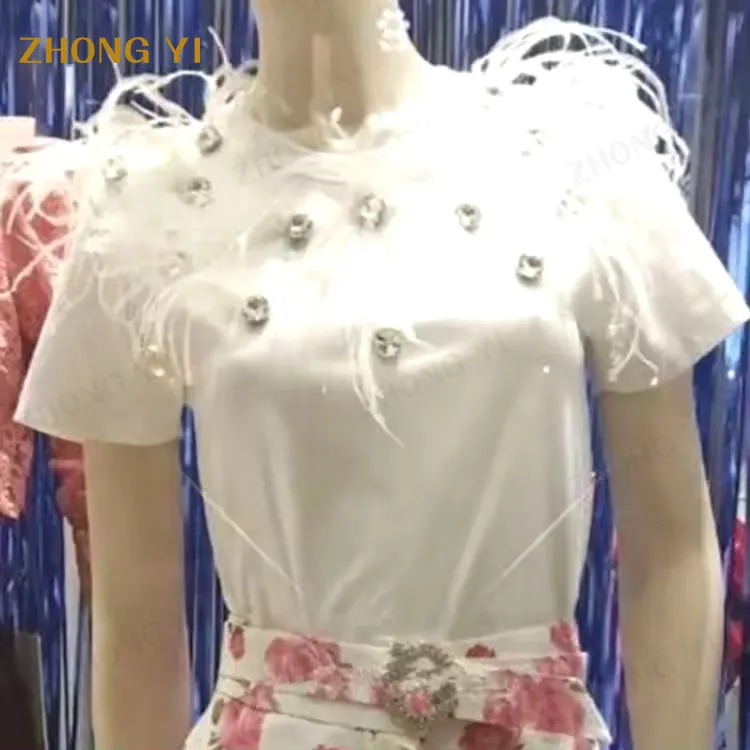 Camisa feminina diamante e pena, blusa de design para mulheres roupas de verão 2023