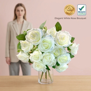 Prix de gros vraie touche artificielle unique soie fleurs blanches réaliste bouquet de roses longue tige pour la décoration de mariage à la maison - Product Image 1