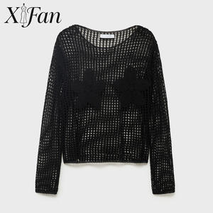 Pull décontracté pour femme, mode européenne et américaine 2026, hauts en crochet pour femme, sexy, ajouré, tricoté, brodé, col rond - Product Image 6