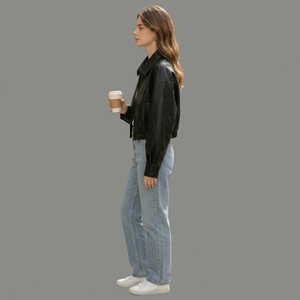 Damen Braune Echtleder-Motorradjacke mit Langen Ärmeln, Stehkragen, Winddicht, Reißverschluss, Winterstil, Farbblockdesign - Product Image 3