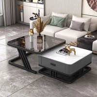 Table basse de luxe légère avec cadre métallique et plateau coulissant en verre, tiroir en dalle de roche, table à thé carrée à 2 niveaux pour salon domestique