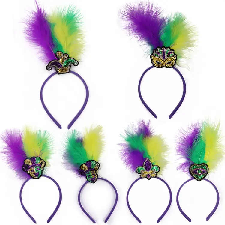 Mardi Gras Diadema PLUMAS BOPPERS Despedida de soltera Decoraciones Fleur De Lis Mardi Gras Carnival Carta Máscara Aro para el cabello