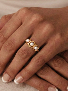 Classic Three Stone Pearl <b>Ring</b> Women's 9K Gold Jewelry 18K Gold Plated Round Natural Pearl Prong Setting Daily Wedding Style - Product Image 2