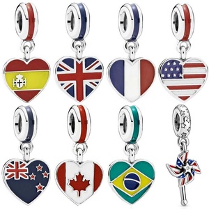 Wholesale 925 <strong>Silver</strong> Enamel Love Heart Country Flag Pendant <strong>Charm</strong> Beads for <strong>Bracelet</strong> Making - Product Image 1