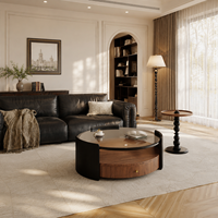 Table basse ronde moderne en bois à double plateau avec plateau en verre, facile à nettoyer et à ranger, idéale pour les salons et appartements.