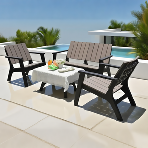 Ensemble de <span class=keywords><strong>salon</strong></span> extérieur tout en plastique | Lattes en plastique aspect bois, 2 chaises + causeuse + table | Patio Garden Backyard Use - Product Image 2