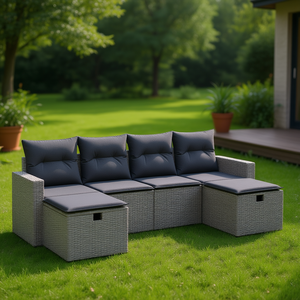 Ensemble de canapé de jardin modulaire en polyrotin gris avec rangement, mobilier d'extérieur 4 places, design contemporain - Product Image 2
