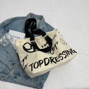 Customized direct sales multi-color graffiti letter smiley face printed canvas shoulder bag women Tote handbag minimalist