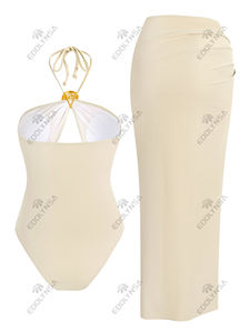 Сексуальный слитный купальник с высоким разрезом и пляжной юбкой-накидкой, комплект из 2 предметов, лето 2026, женский, однотонный, с украшением в виде ракушки, бикини, купальные костюмы - Product Image 5