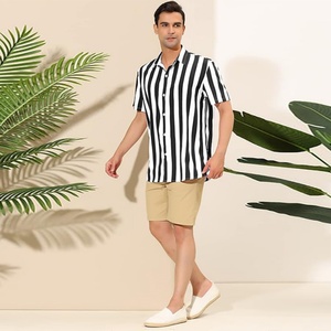 Men's ODM Custom Logo Stripe Print Breathable Stand Collar Short Sleeved Color Block Button <b>Down</b> Summer Beach Shirt 100% Cotton - Product Image 2