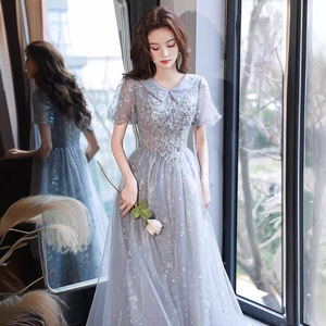 Gray And Pink Evening Gown V Neck Empire Waist Long Dress For Parties Graduations Birthday Events - Product Image 2