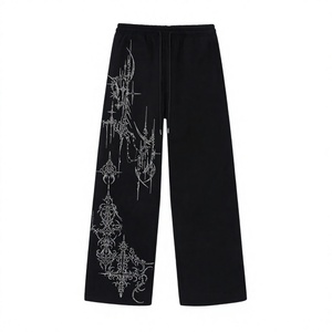 Pantalon large noir gothique brodé pour homme, taille élastique avec cordon de serrage, décontracté, pour l'automne - Product Image 1