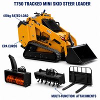 Mini-chargeuse sur chenilles T750, capacité 410 kg, capacité de montée 25 degrés, EPA EURO5, avec souffleuse à neige et motoculteur rotatif