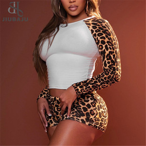 Conjunto de <span class=keywords><strong>2</strong></span> Piezas con Estampado de Leopardo para Mujer, Top Corto de Manga Larga con Parches de Color + Pantalones Cortos - Product Image 1