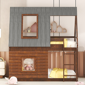 เตียงสองชั้นไม้สีน้ำตาลเข้ม 120x200 ซม. สำหรับห้องนอนเด็ก พร้อมบันไดและหน้าต่าง - Product Image 3
