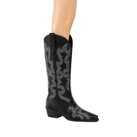 Bottes de cowboy noires cloutées pour femme, style western, mi-mollet, hauteur genou, bout carré, talon haut 4,5 cm, légères, printemps/automne/hiver