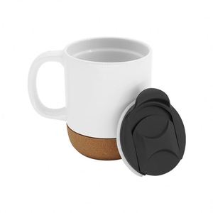 Mug à café en céramique personnalisé avec logo promotionnel, base en liège, poignée en bois, couvercle, finition mate blanche - Product Image 3