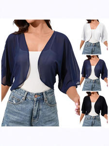 Chaleco de <span class=keywords><strong>Gasa</strong></span> para <span class=keywords><strong>Mujer</strong></span>, Estilo Veraniego, Sin Cuello, Simple, Combinable con Todo, Color Sólido, Media Manga, para Fiestas, Uso Diario, <span class=keywords><strong>Bolero</strong></span> - Product Image 6