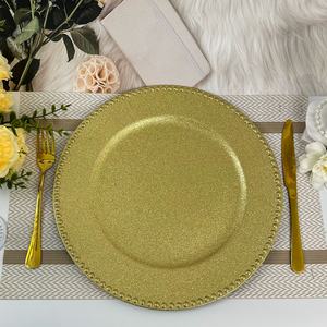 Vente en gros <span class=keywords><strong>de</strong></span> 100 pièces <span class=keywords><strong>de</strong></span> petites perles dorées scintillantes <span class=keywords><strong>de</strong></span> 13 pouces, assiettes en plastique personnalisées avec logo pour mariage, événement, fête, salle à manger - Product Image 1