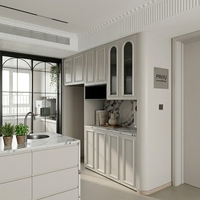 Armoire de chambre murale complète en composite avec portes en verre cannelé crème, et tiroir à épices en bois pour comptoir de cuisine