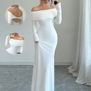 Robes maxi élégantes et douces, solides, naturelles, respirantes, à col en V, à manches courtes, dos nu, pour le printemps et l'été - Product Image 1